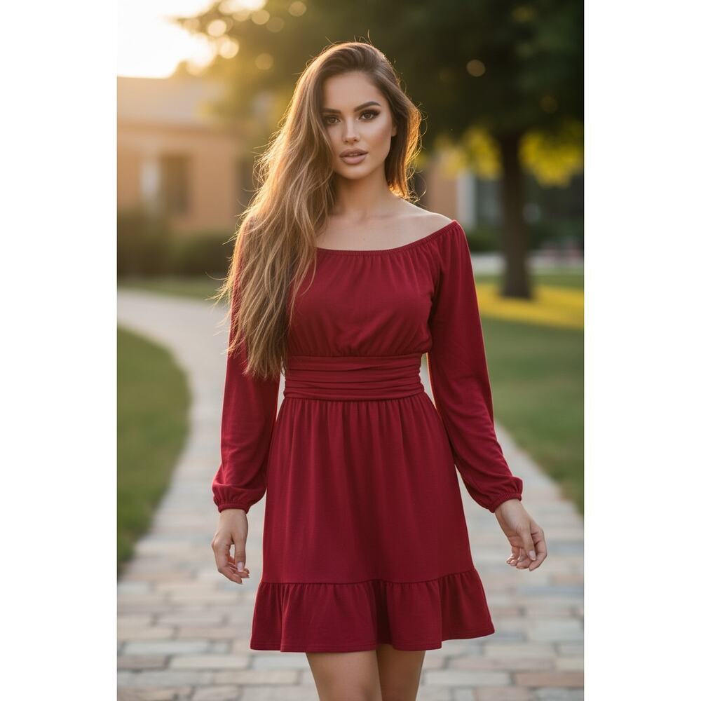 ANRABESS Red Long Sleeve Ruffle Hem Dress – Smocked Waist – Size S